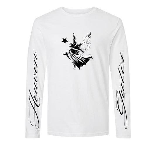 White long-sleeve shirt with black graphic design and text on a white background